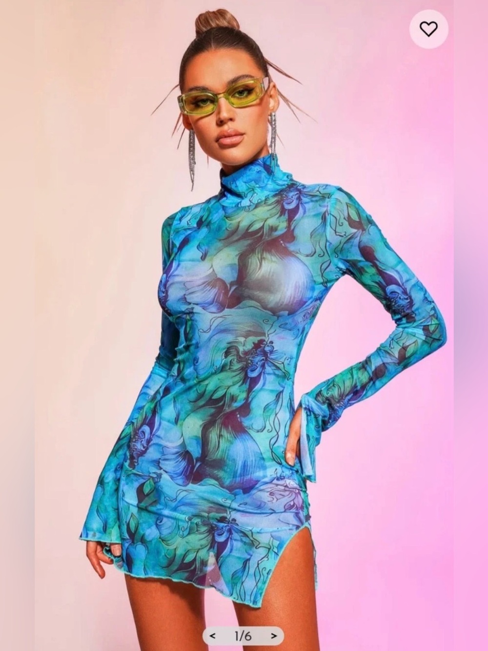 NWT Bella Barnett blue Green Printed Mesh Long Sleeve Mini Dress